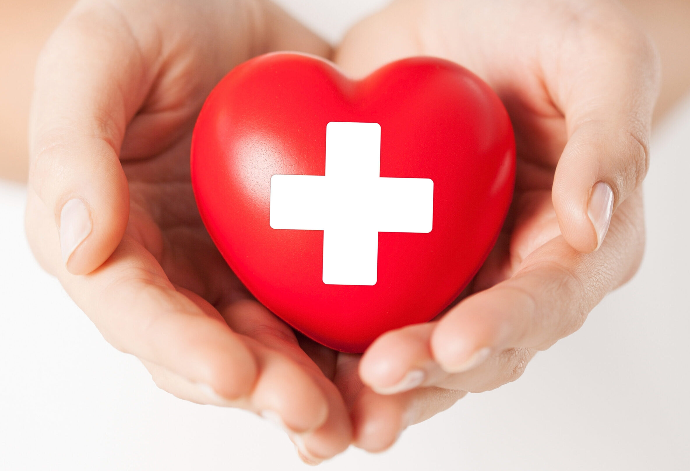 family health, charity and medicine concept - female hands holding red heart with cross sign